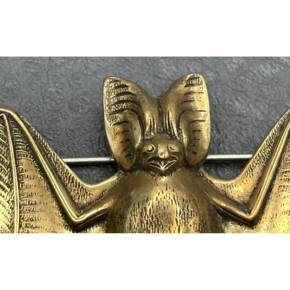 Vintage Victorian Revival Bat Brooch Pin Gothic Detailed Antiqued Gold Tone